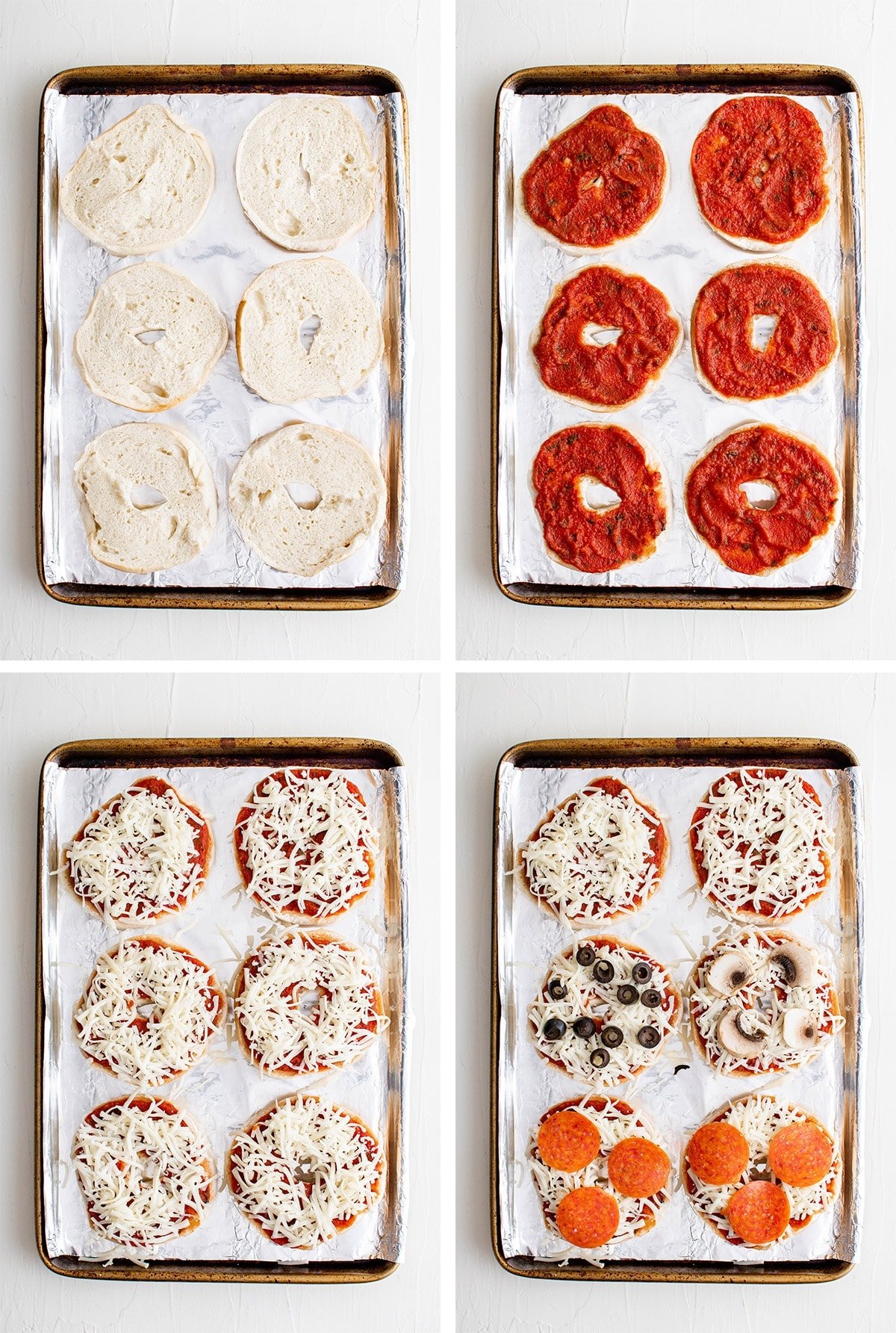 collage of images showing how to make pizza bagels