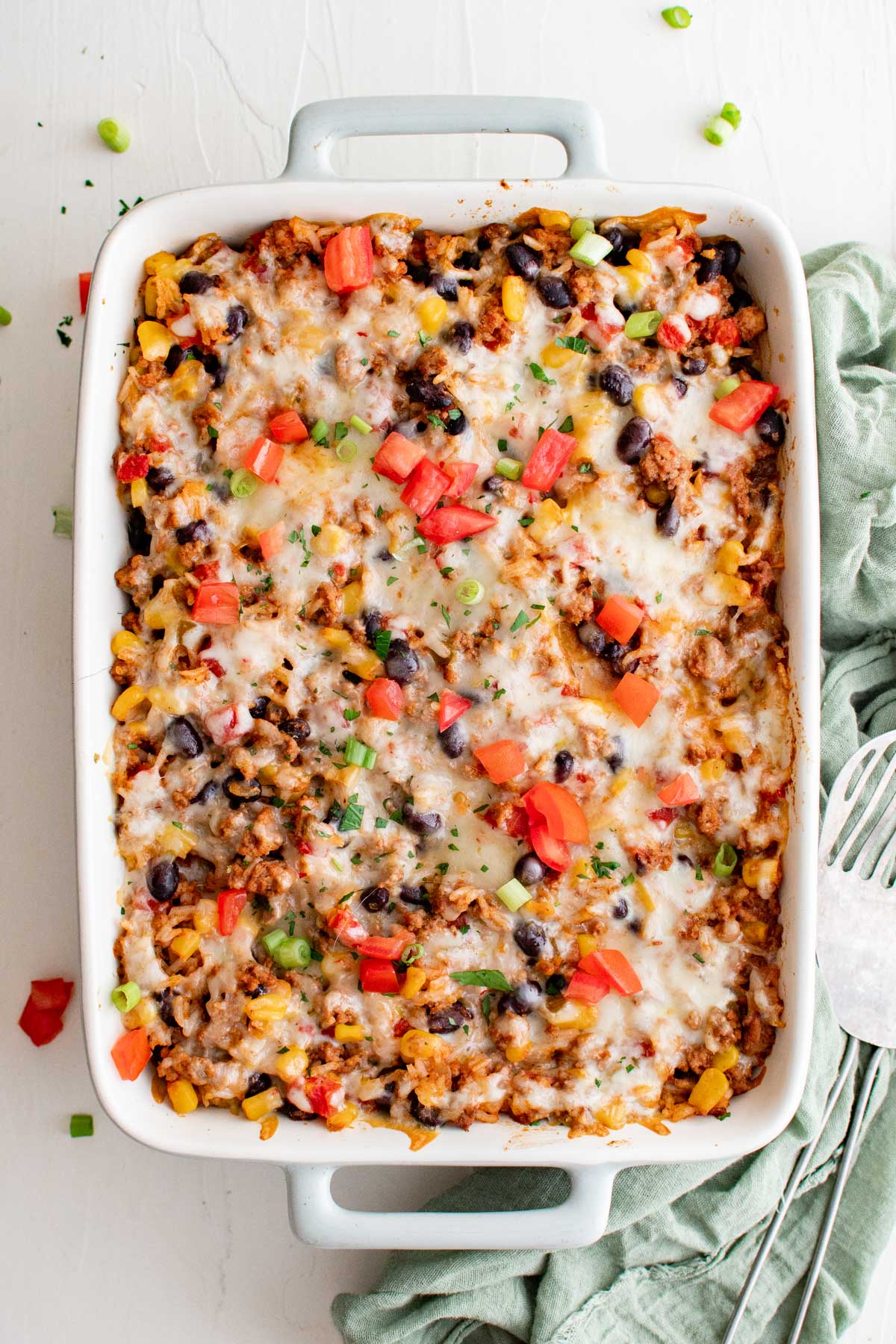 white casserole dish with ground turkey casserole.