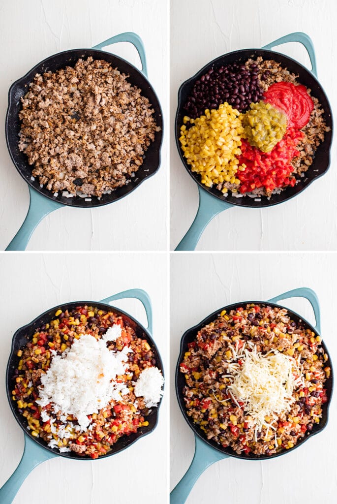 collage with skillet, ground turkey, spices and veggies