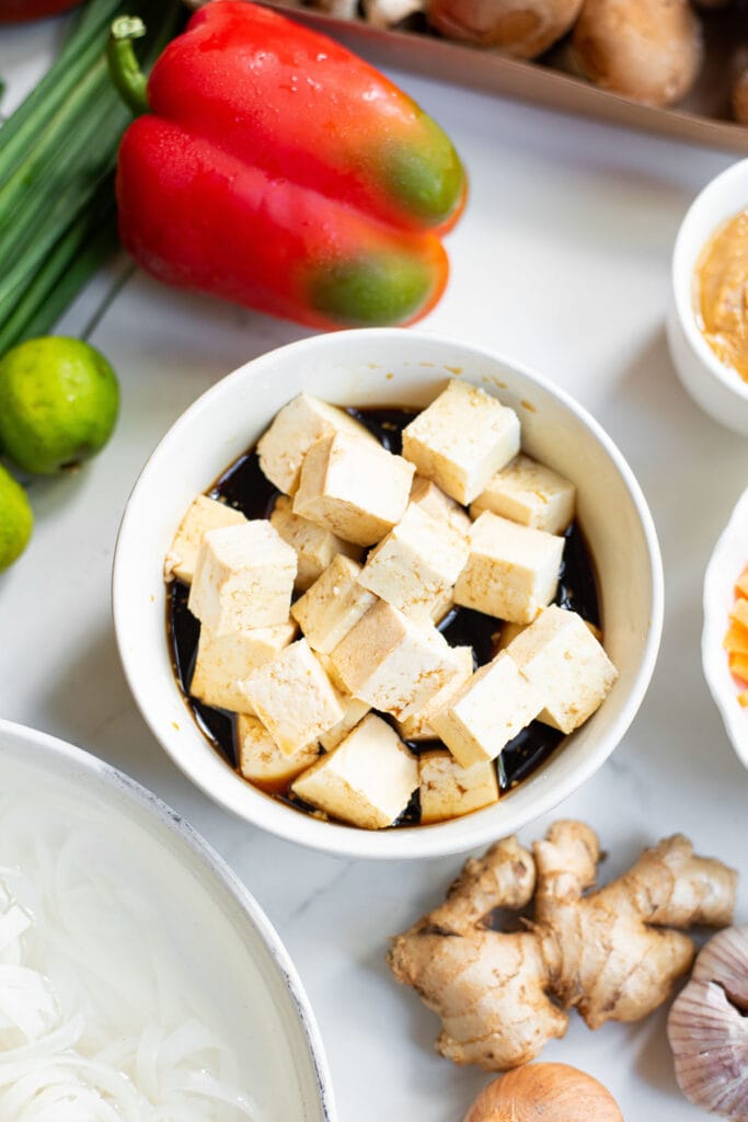 chunks of tofu in marinade