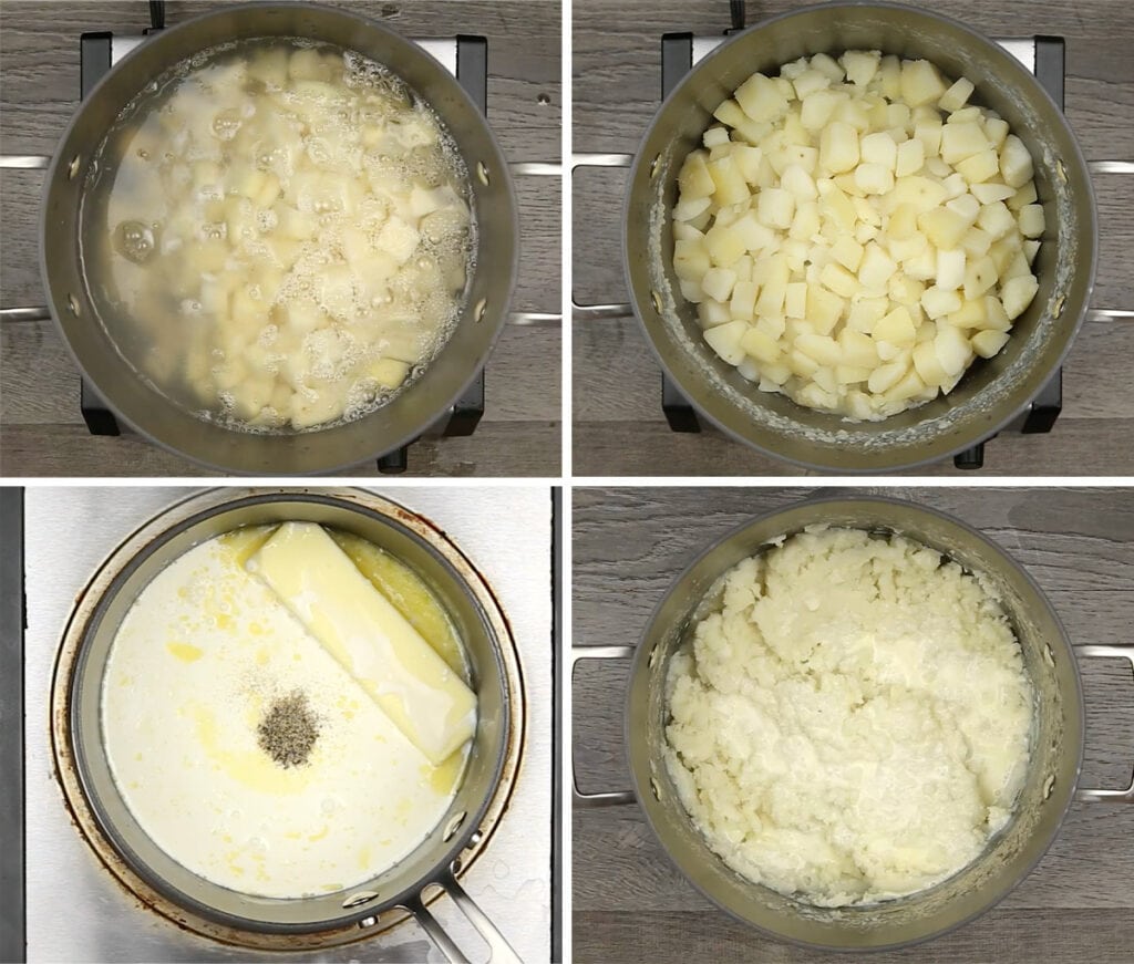 collage of images showing steps for making mashed potatoes