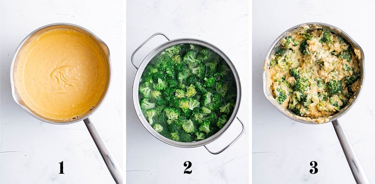 collage of image showing steps to make broccoli rice casserole
