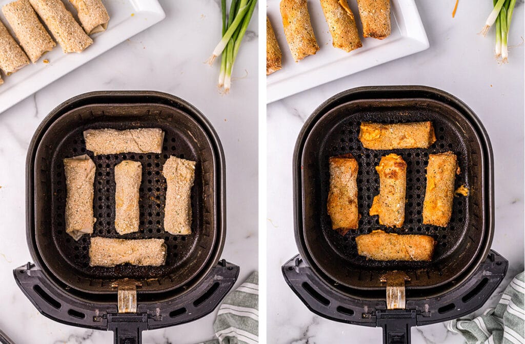 collage of two images showing egg rolls in the air fryer