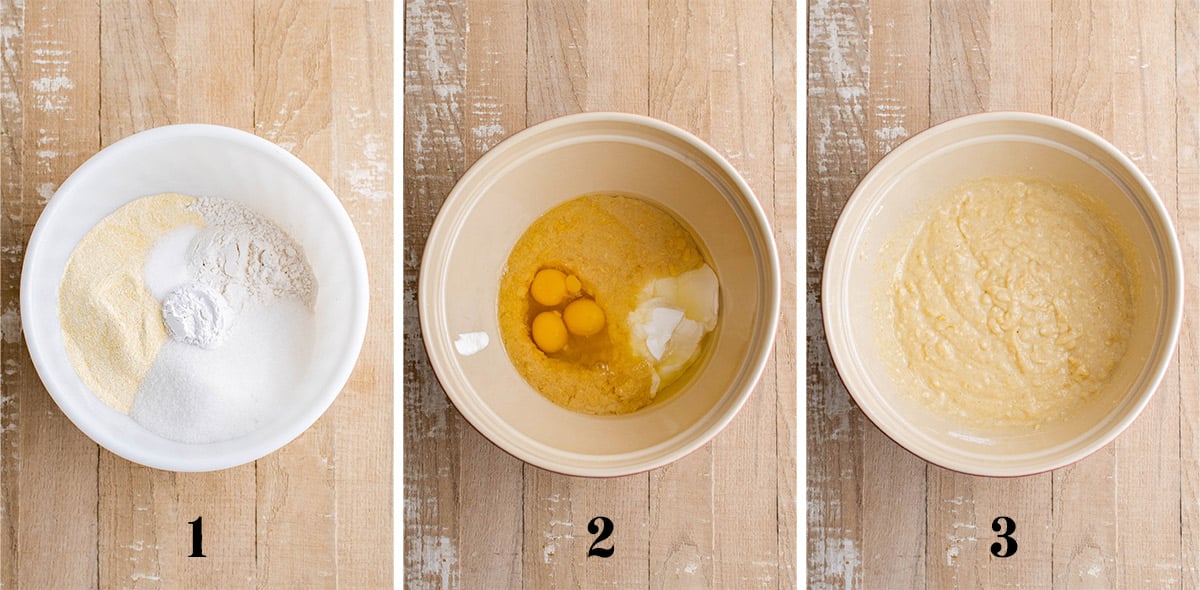 collage of images showing how to mix cornbread batter