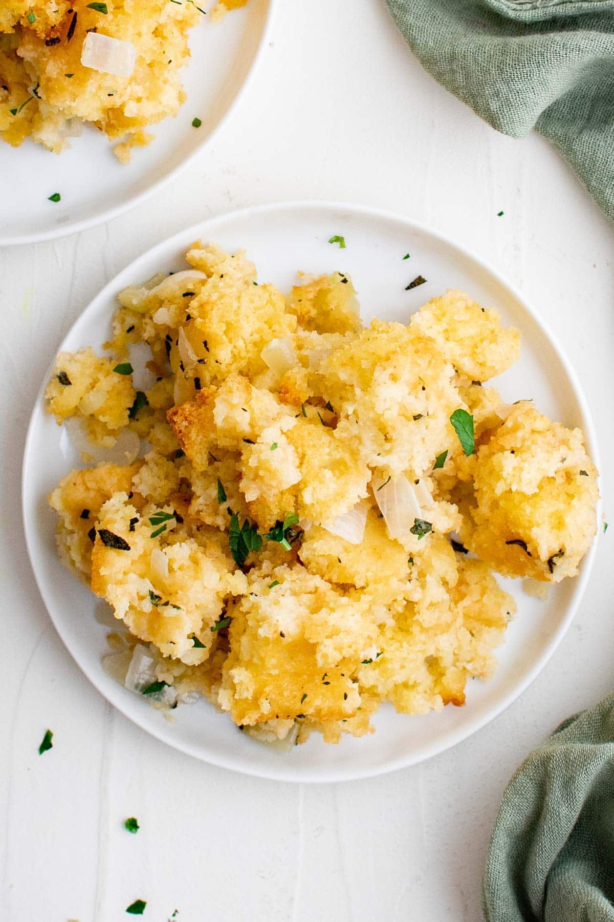 white plate with cornbread stuffing