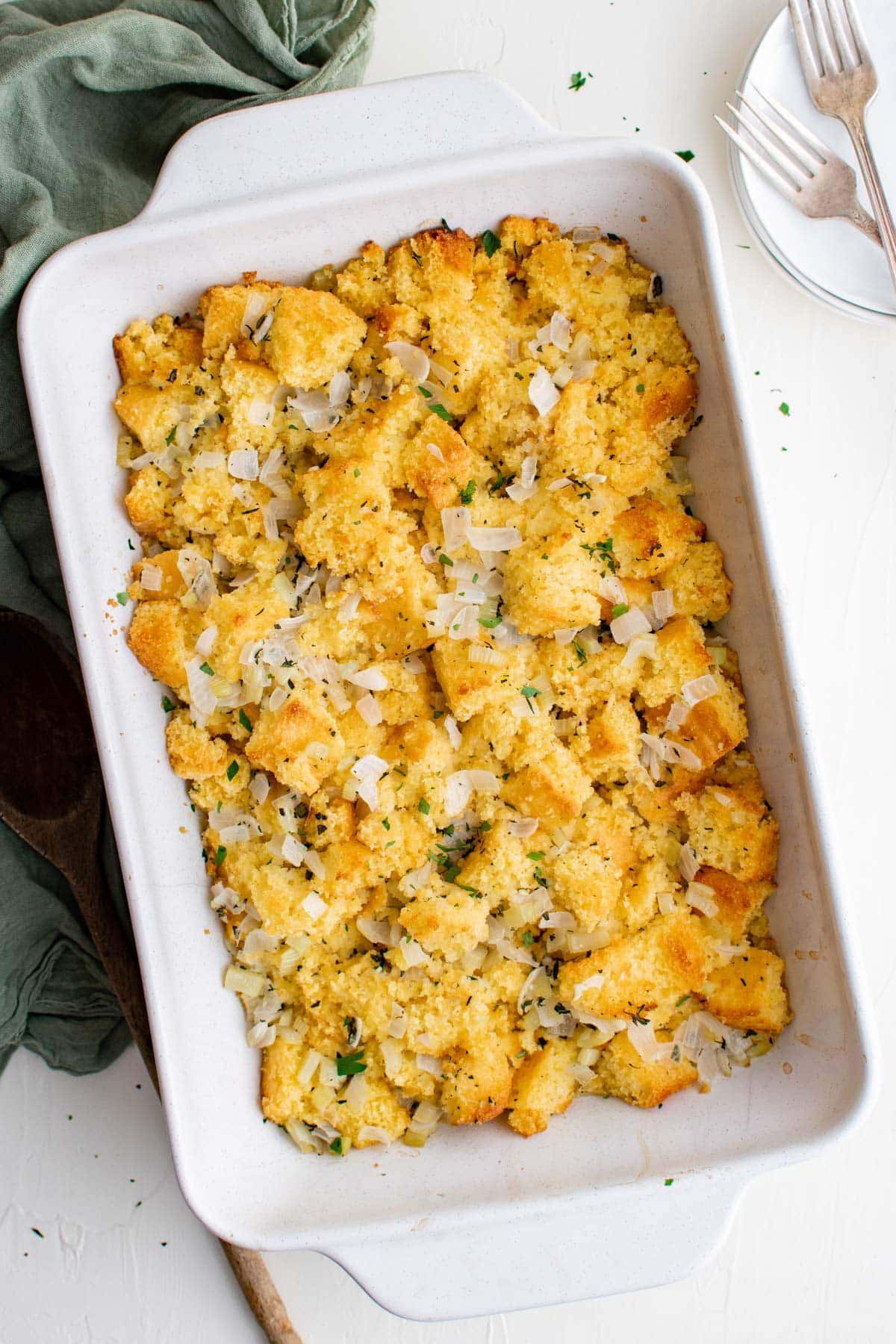 baking dish with cornbread stuffing