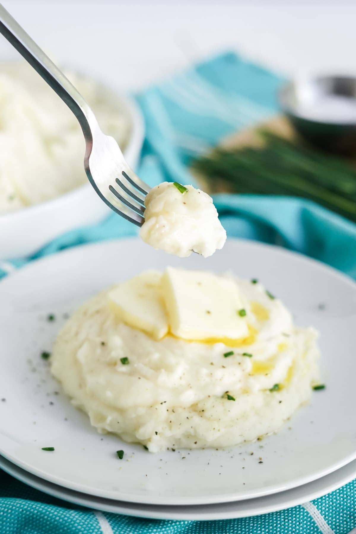 mashed potatoes on a plate with a fork