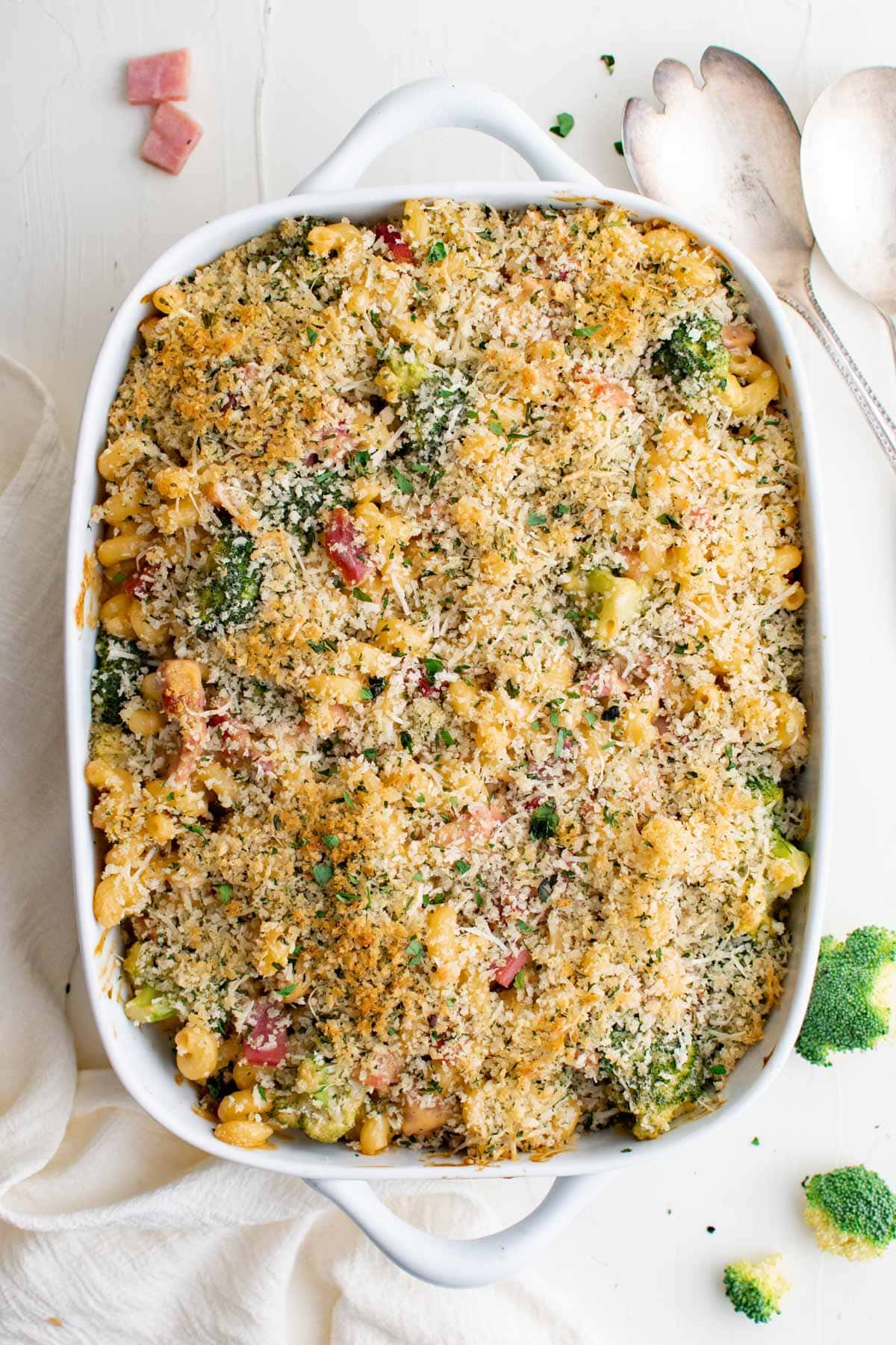 white casserole dish with ham casserole