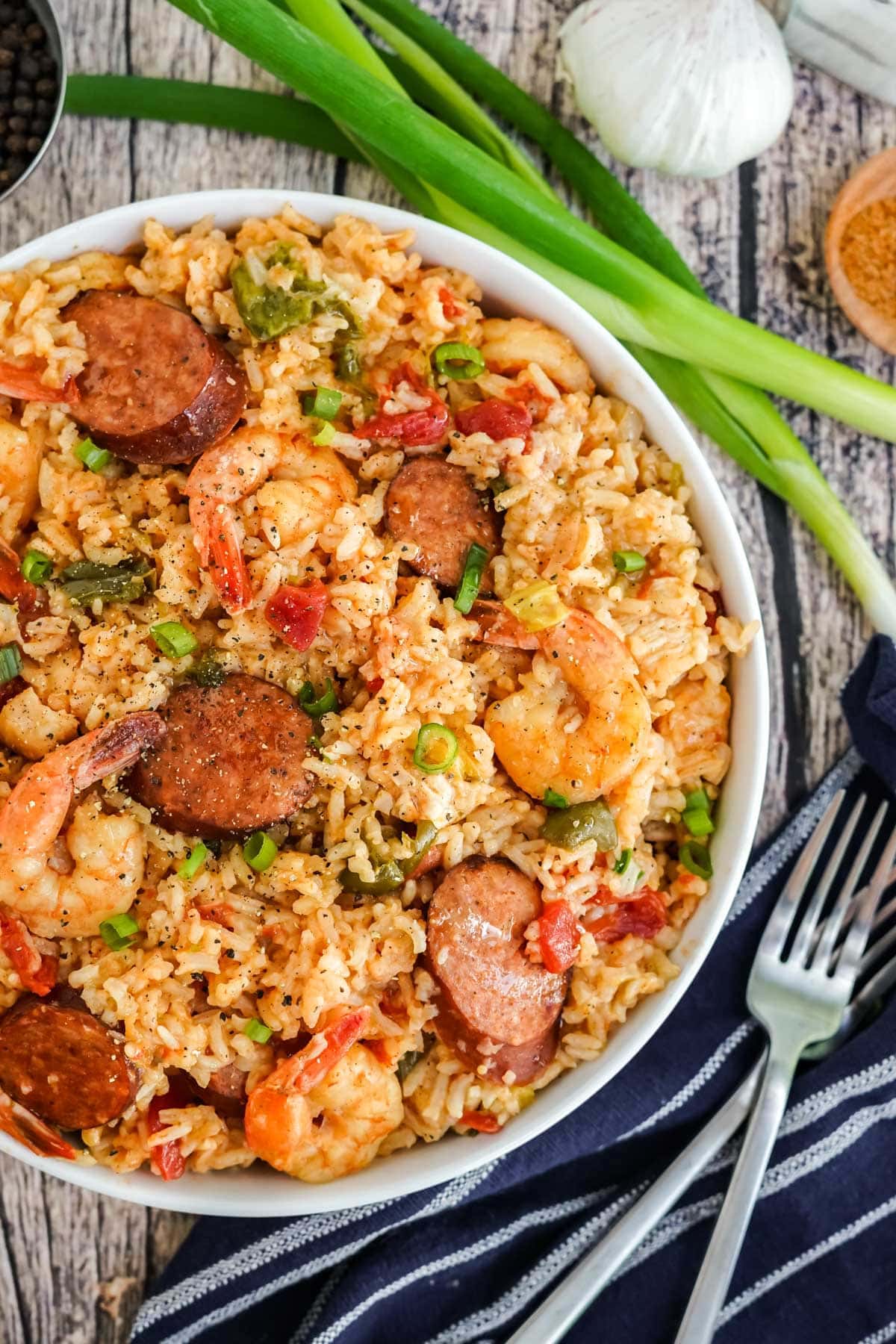 jambalaya in a white bowl 