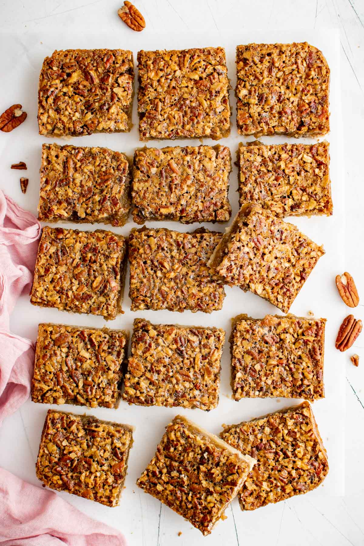 overhead image of pecan bars sliced into squares