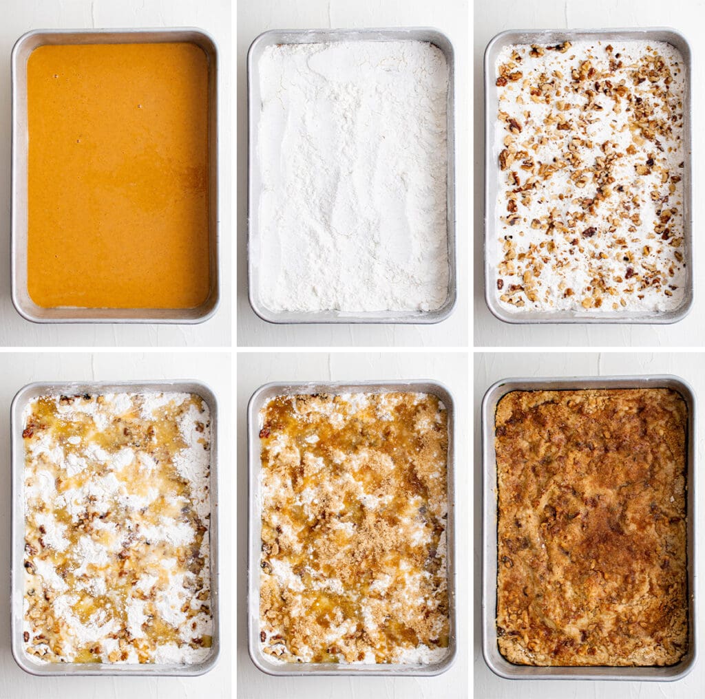 collage showing how to make pumpkin dump cake