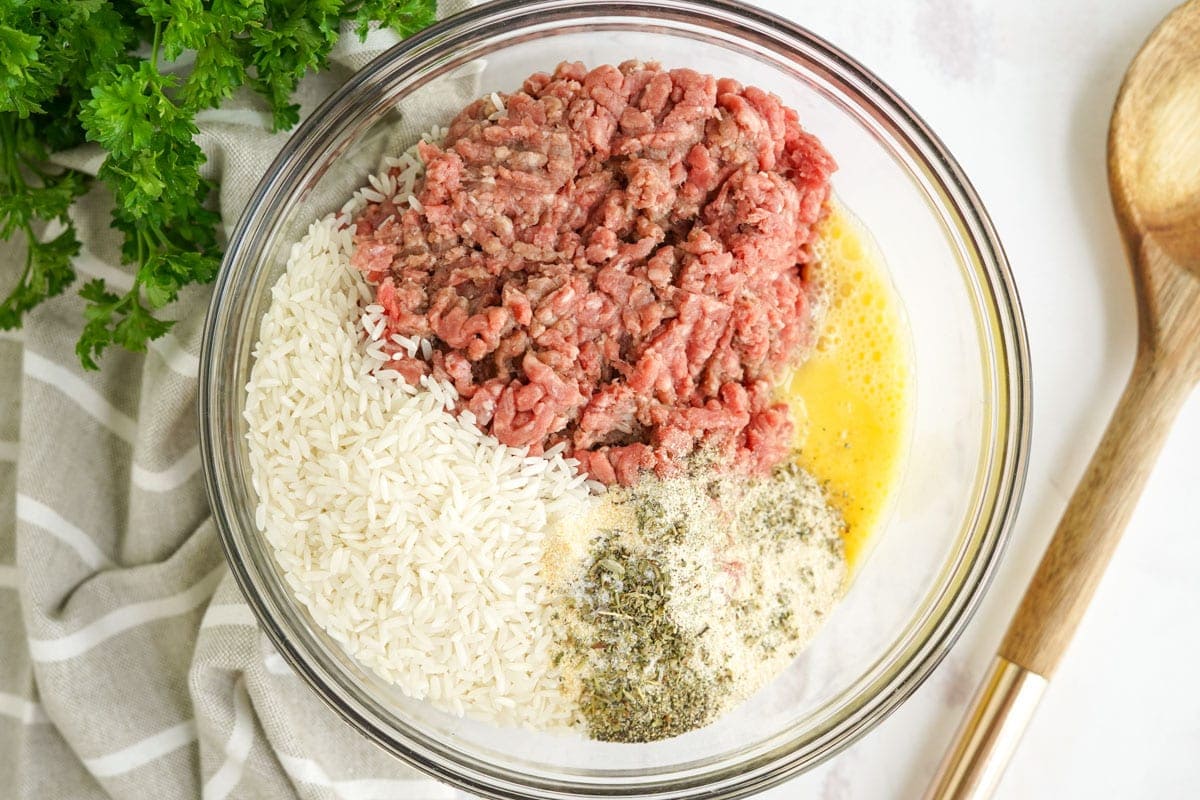 ground beef, rice, egg and seasonings in a large bowl