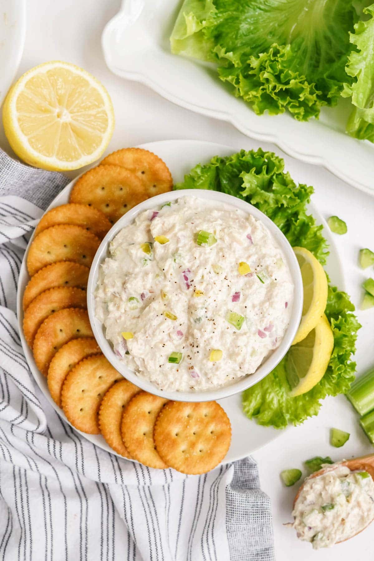 tuna salad in a white dish surrounded by crackers, parsley and lemon