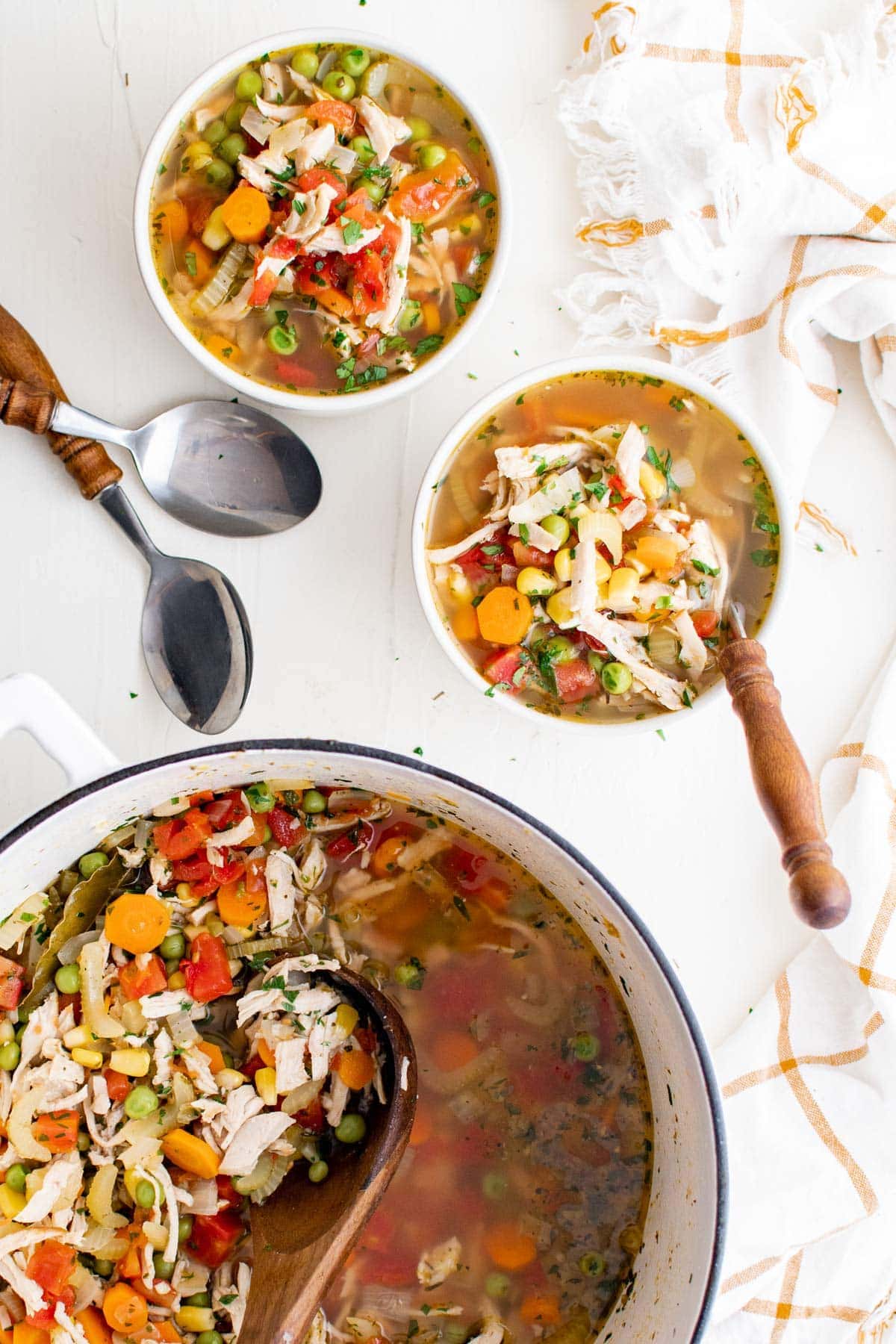 turkey soup in a pot and in bowls