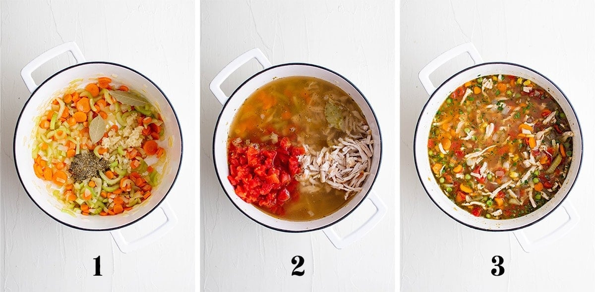 collage of images showing steps for making turkey soup