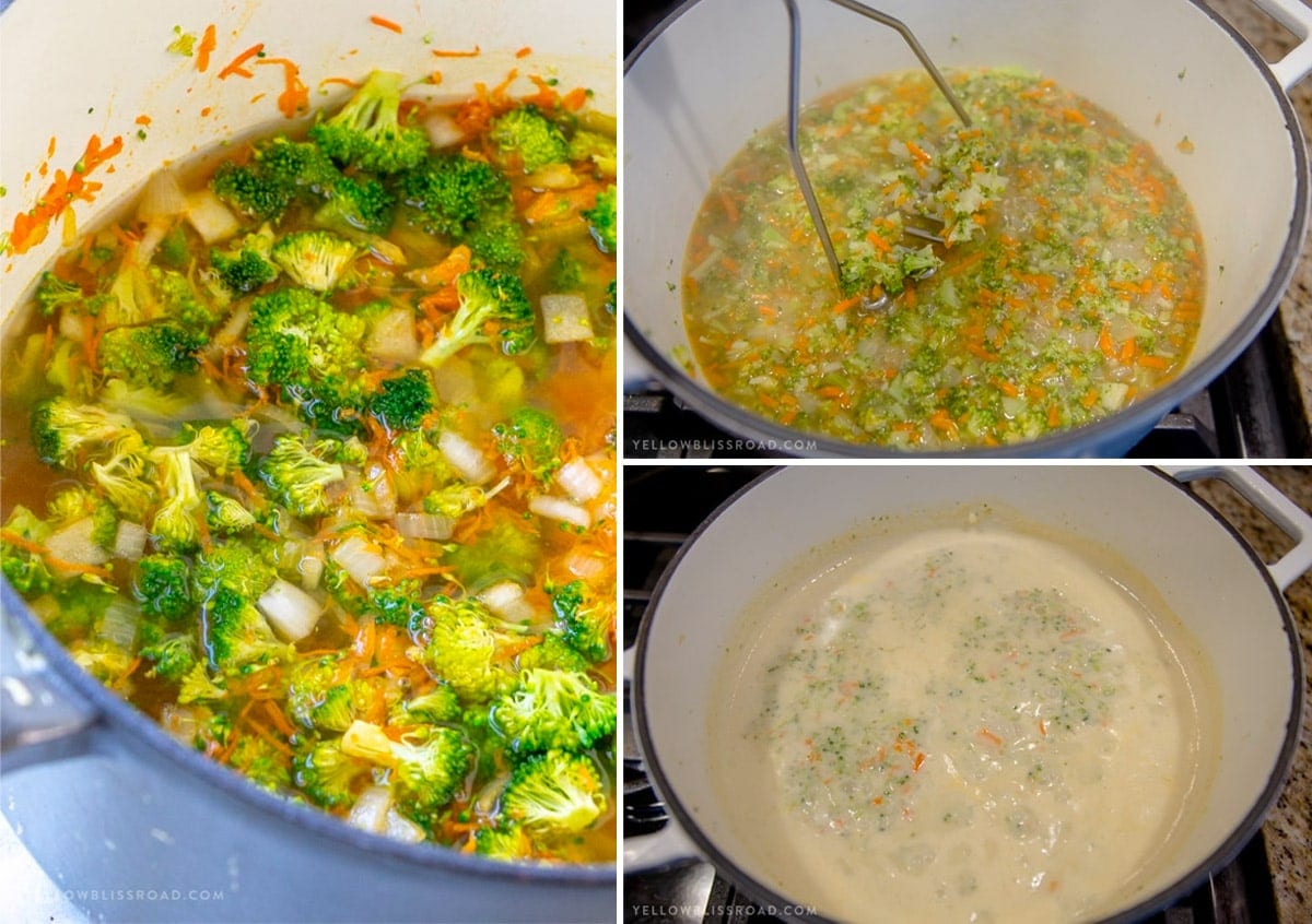 collage of images showing how to make broccoli cheese soup