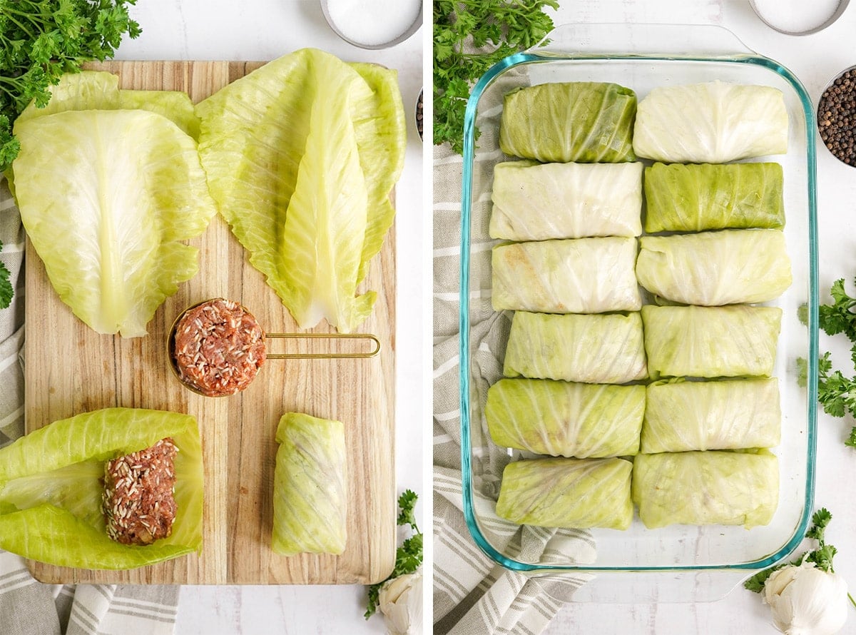 images in a collage showing how to make stuffed cabbage rolls