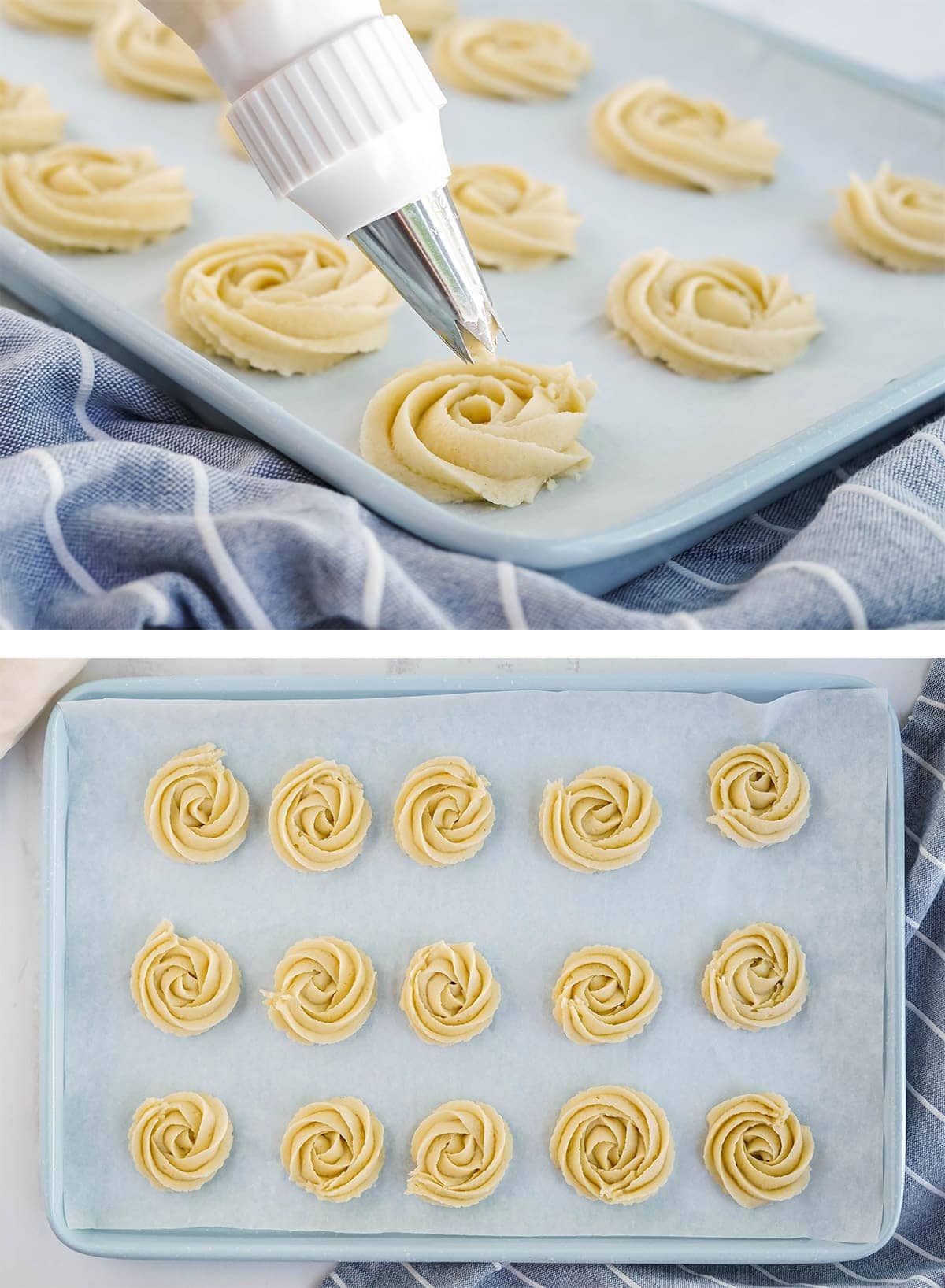 two image collage of butter cookies piped onto a cookie sheet