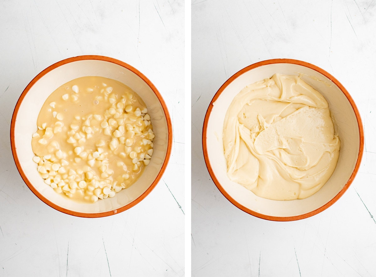 white chocolate chips and sweetened condensed milk in a bowl
