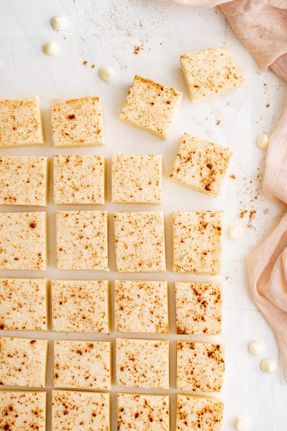 white chocolate fudge with cinnamon, cut into squares