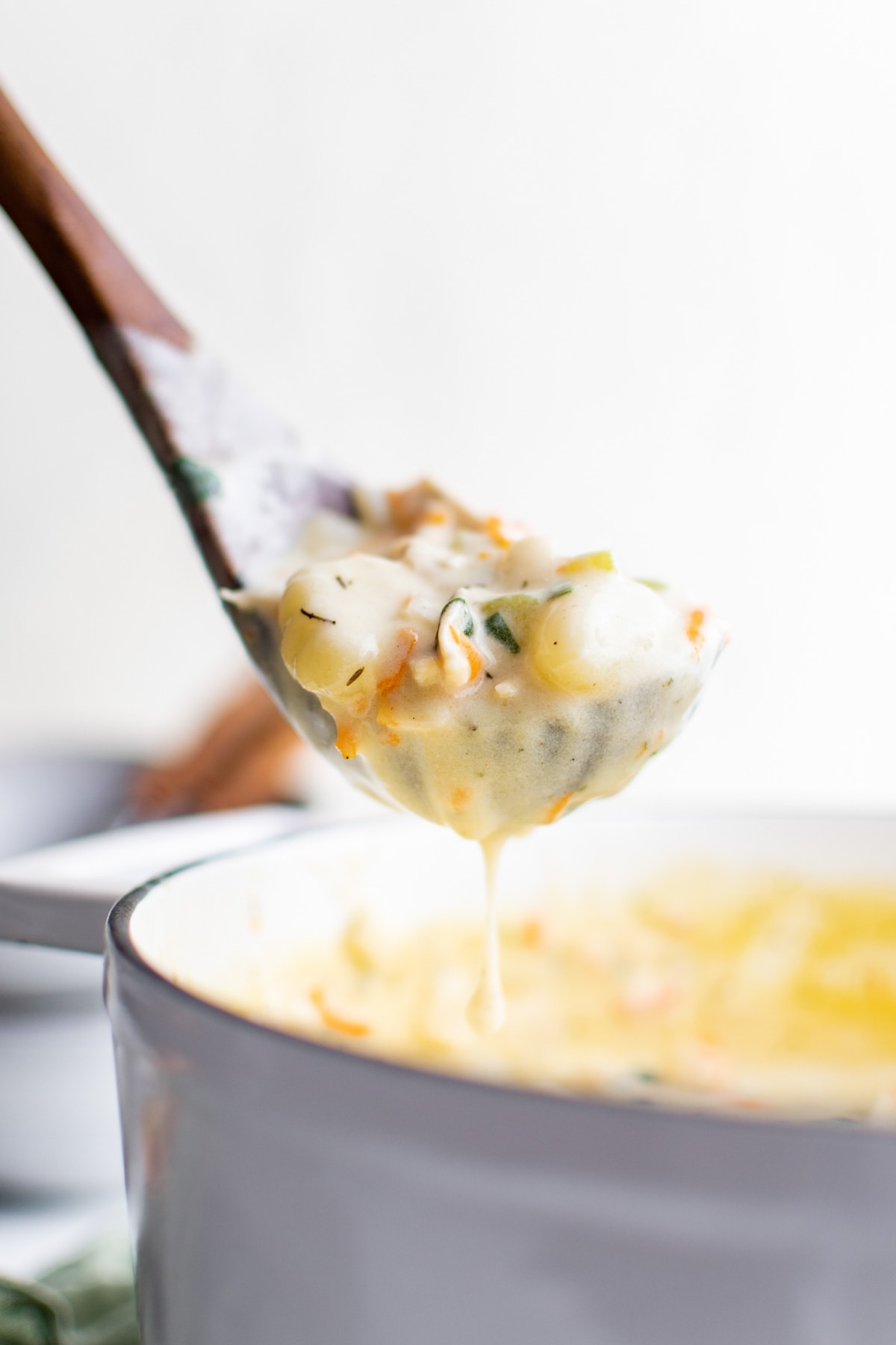 a ladle with some chicien gnocchi soup