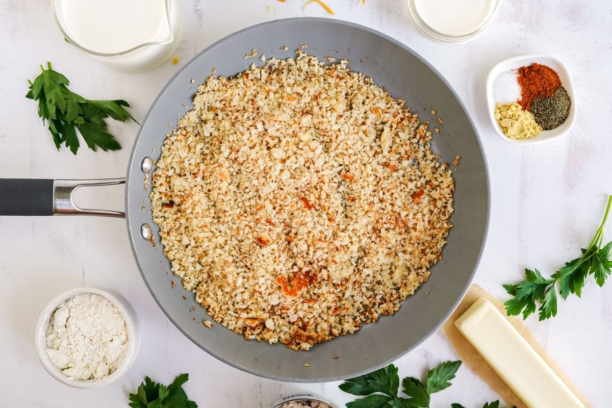 breadcrumbs and seasonings toasted in a skillet