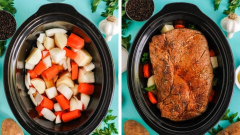 crock pot with vegetables and a chuck roast