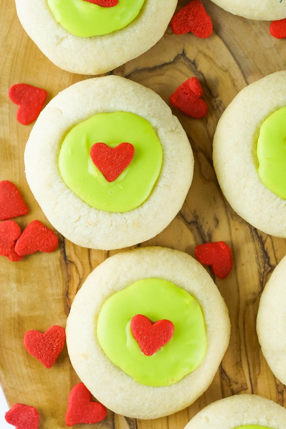 thumbprint cookies with grinch colors