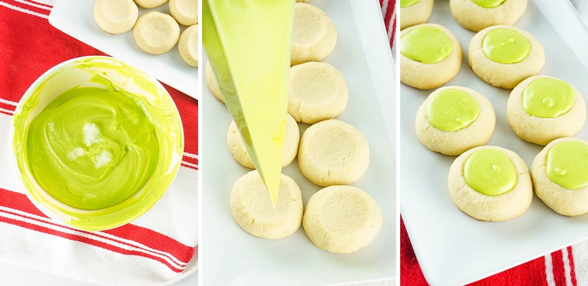 collage of images showing how to fill grinch thumbprint cookies
