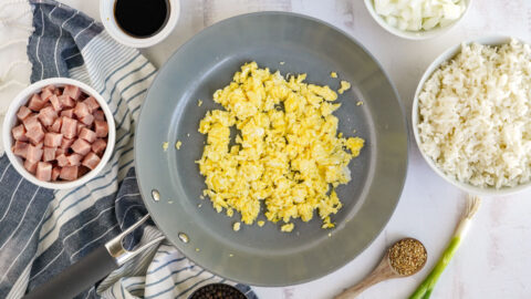 scrambled eggs in a skillet