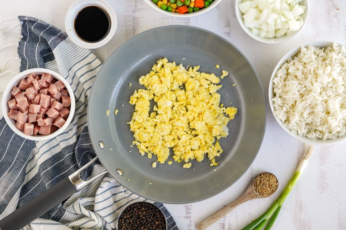 scrambled eggs in a skillet