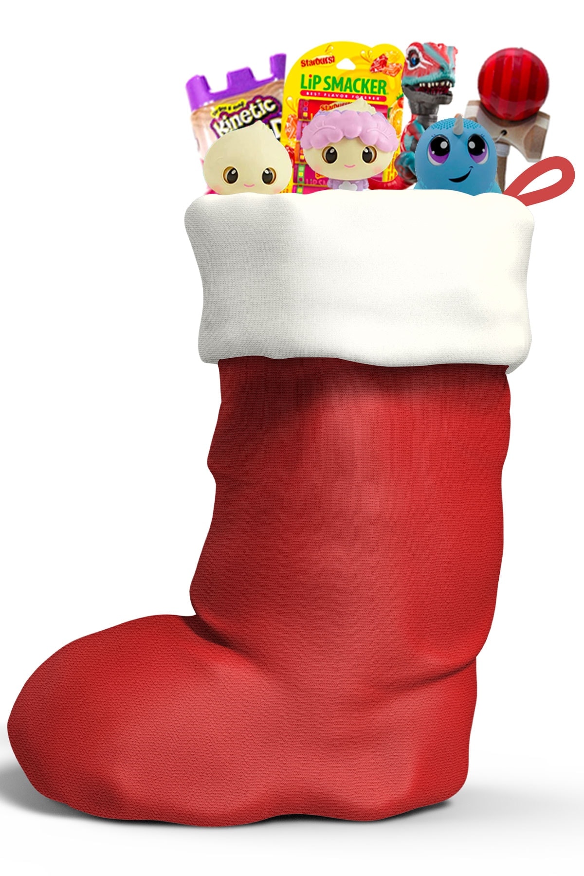 red christmas stocking with toys in it