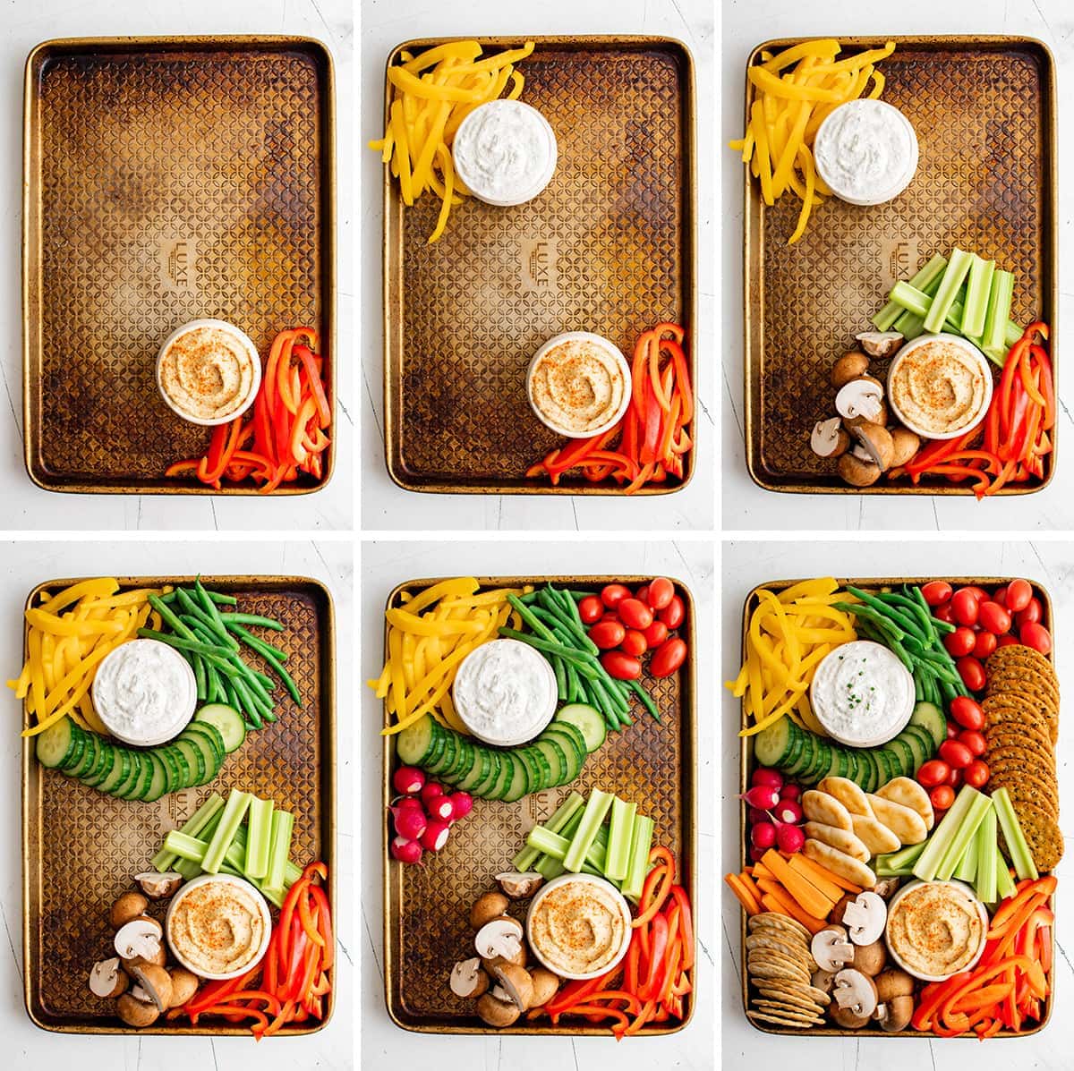 collage showing how to assemble a veggie tray