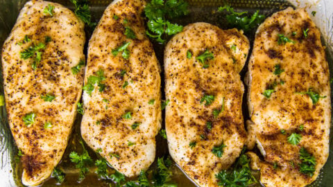chicken baked in a clear glass dish