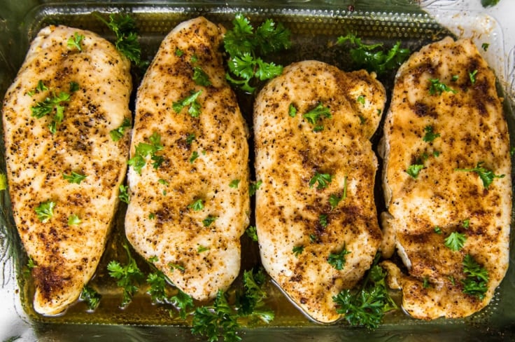 chicken baked in a clear glass dish