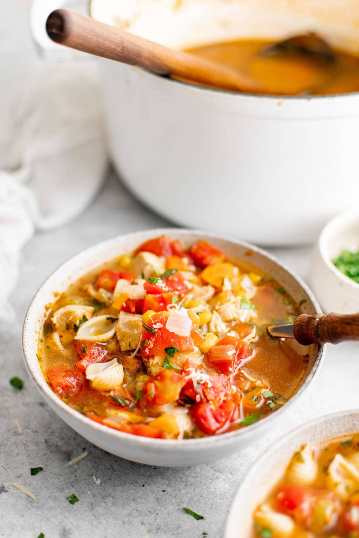 soup in a white bowl with a spoon