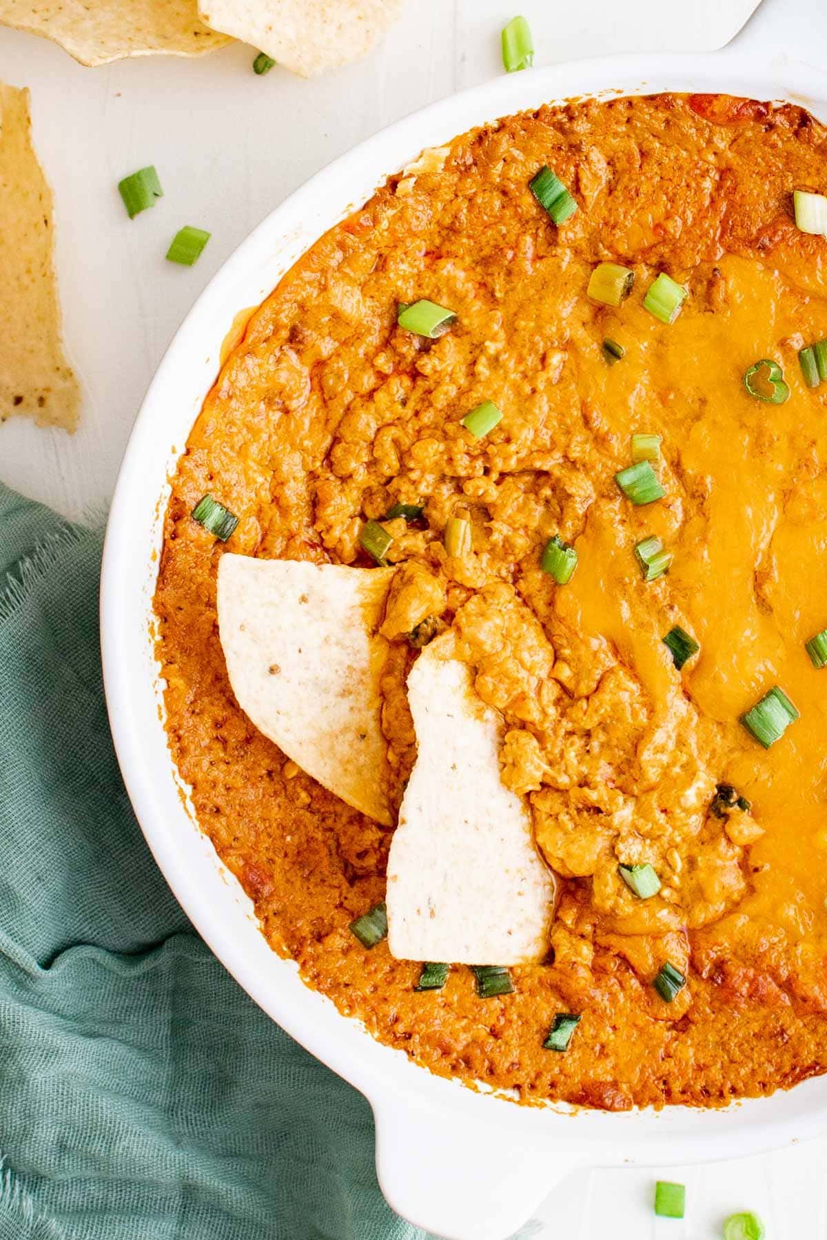 chili cheese dip with tortilla chips