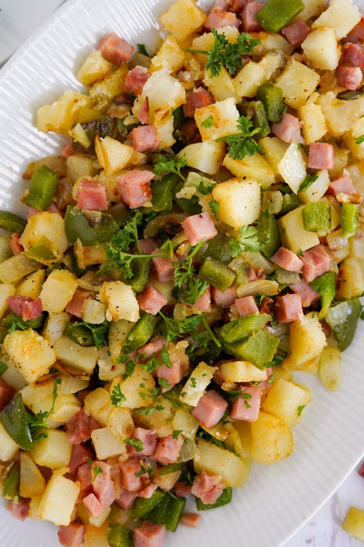 ham hash on a large white platter