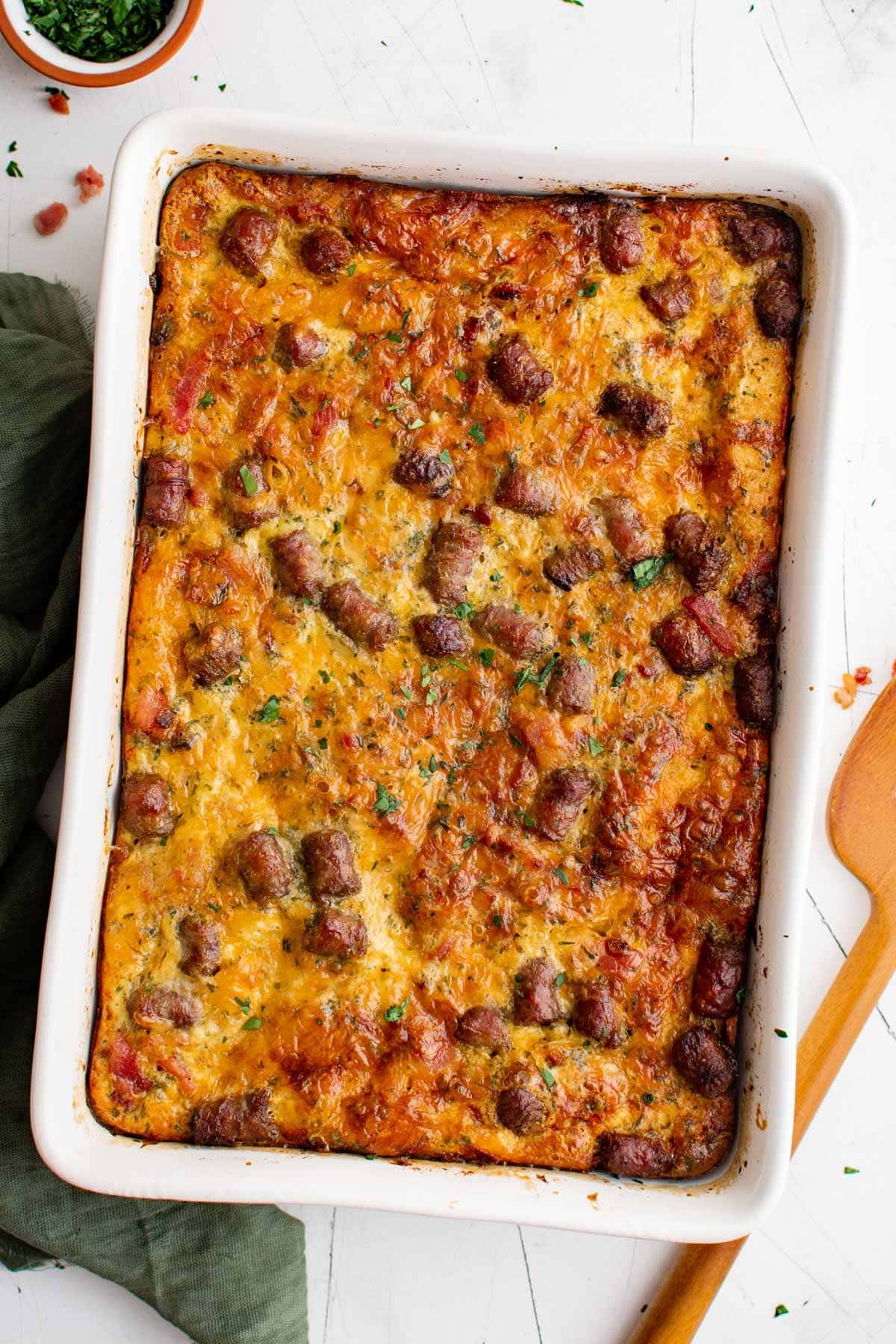 tater tot breakfast casserole in a white casserole dish