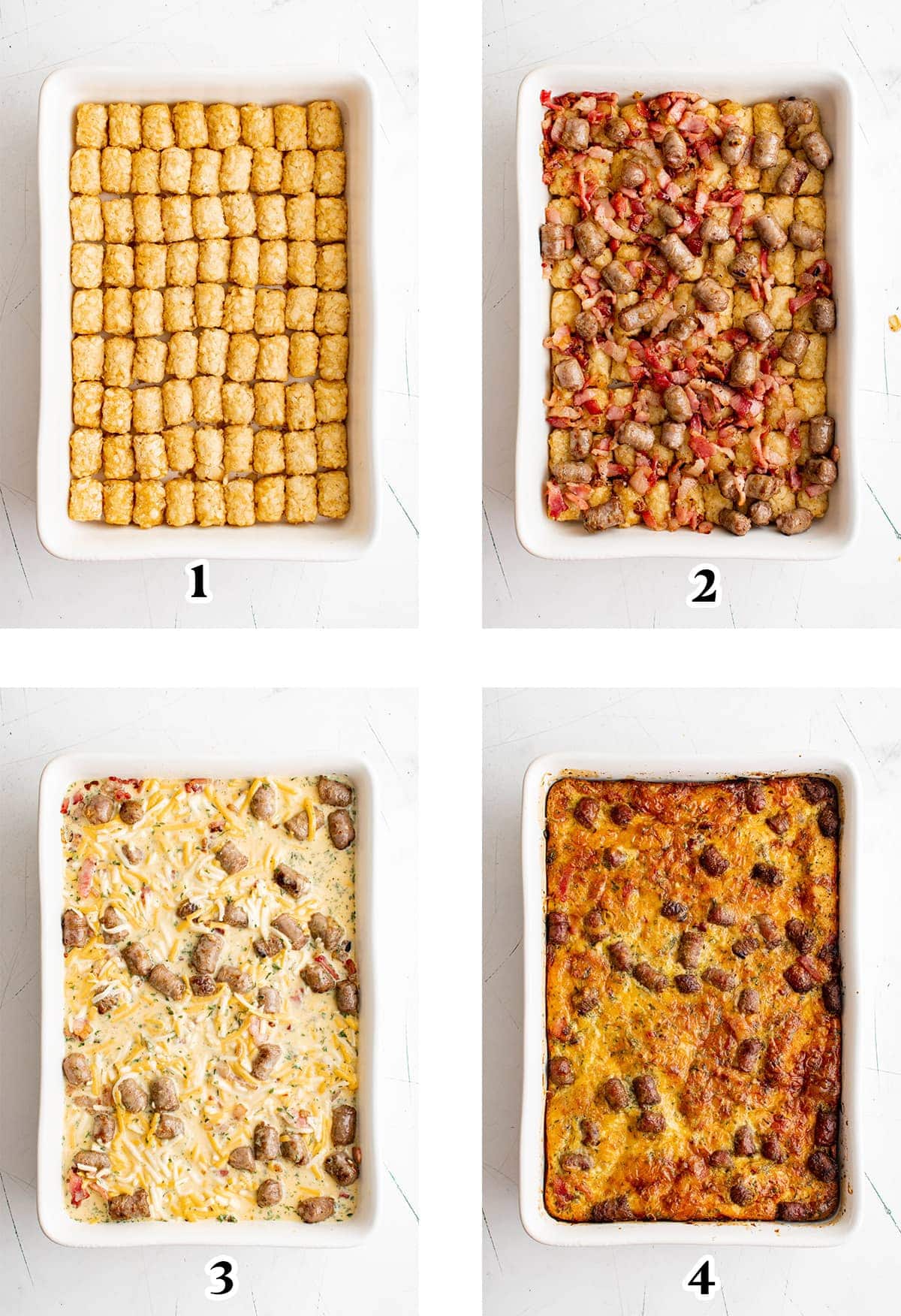 collage of images showing how to make tater tot breakfast casserole