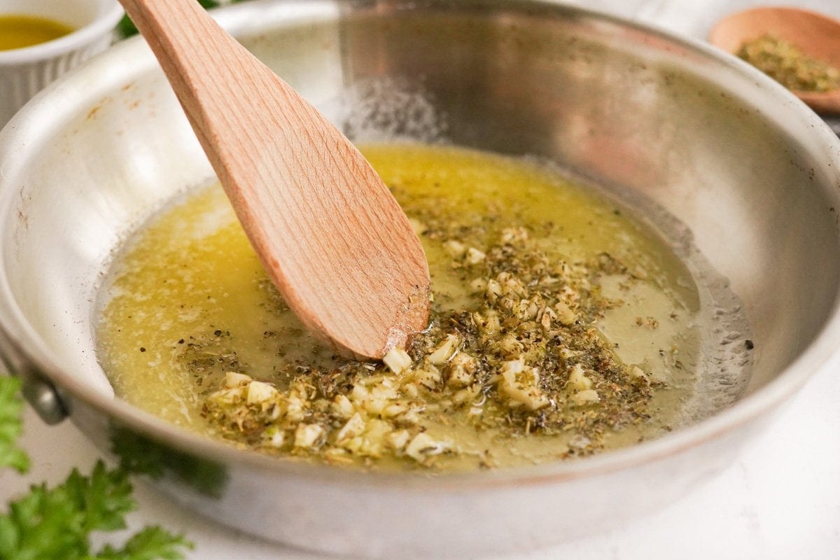 garlic butter sauce in a skillet