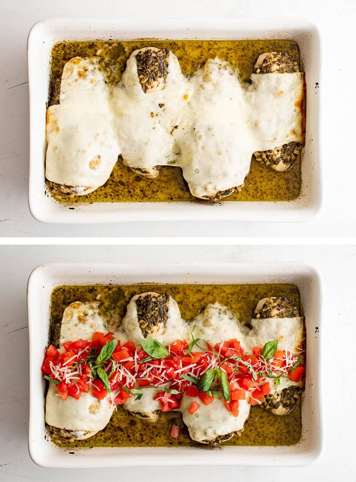 collage of chicken with pesto, cheese and tomatoes