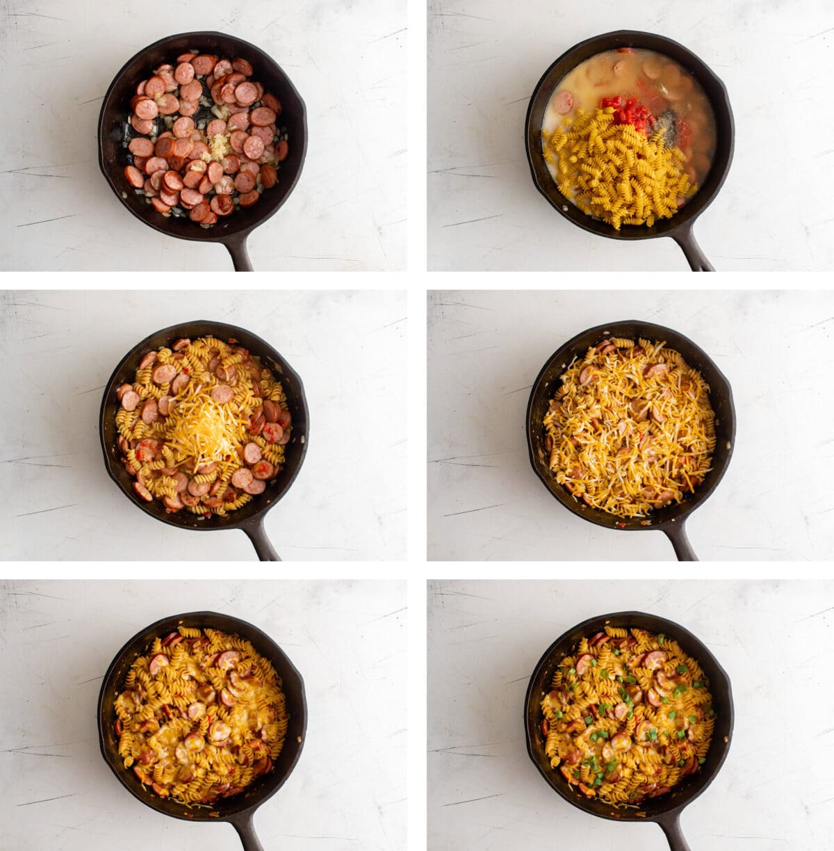 collage of images showing how to make cheesy sausage pasta