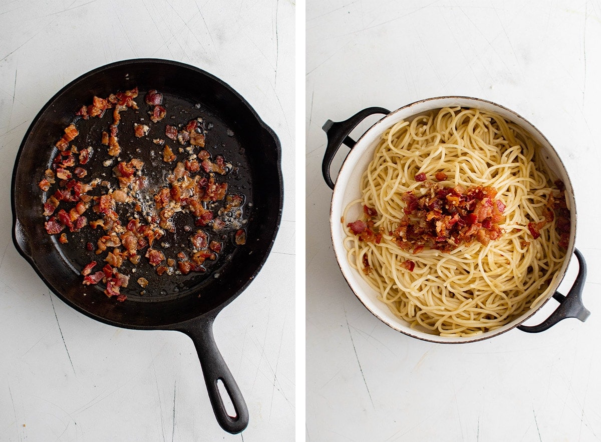 bacon in a cast iron skillet and on top of pasta