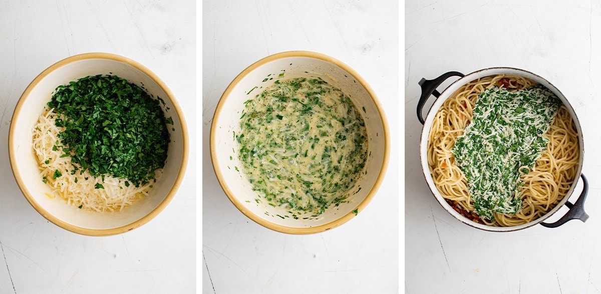 collage of images showing how to make carbonara sauce