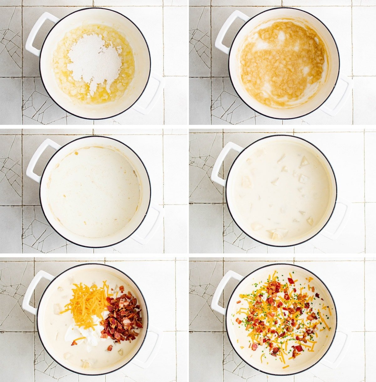 collage of images showing the steps for making loaded baked potato soup