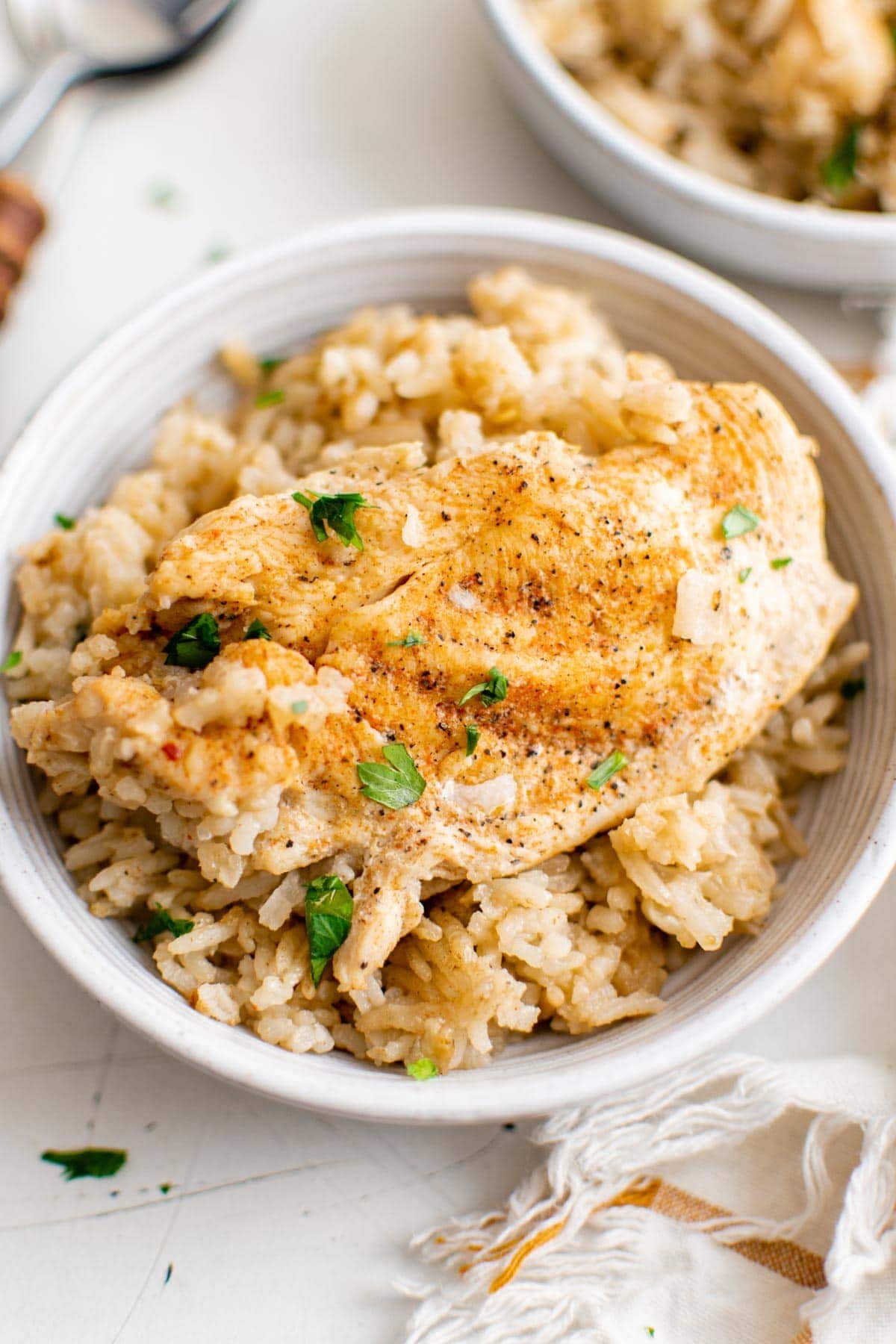 white bowl with rice and chicken