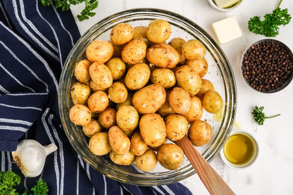 baby potatoes in a clear glass bowl