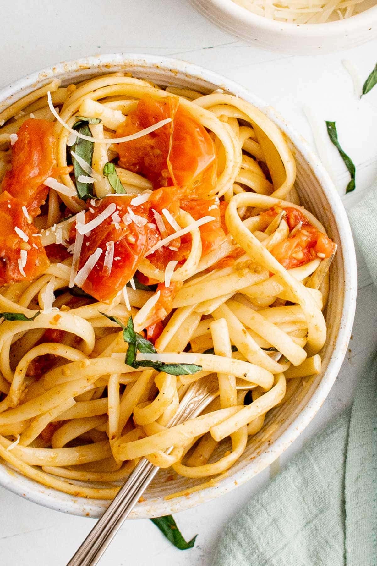 bowl of pasta with cherry tomatoes
