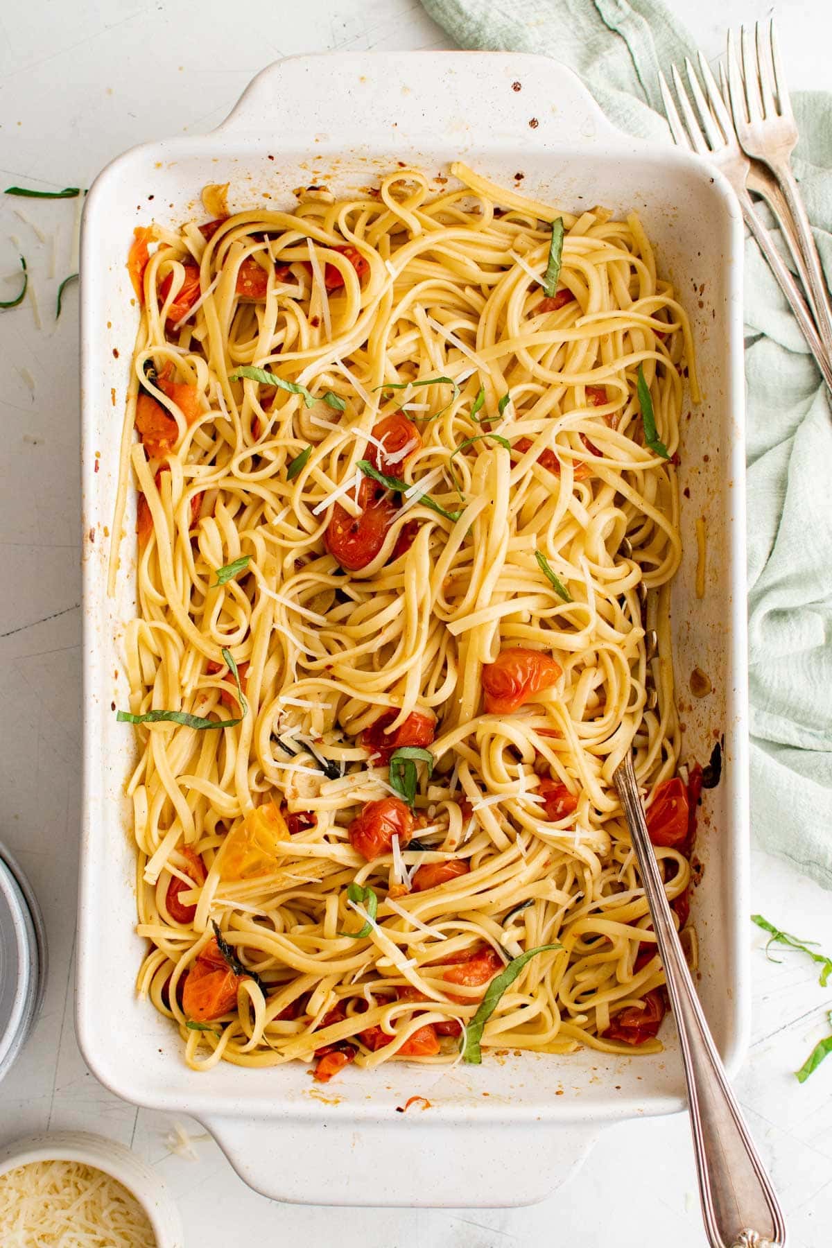 large baking dish with pasta and tomatoes